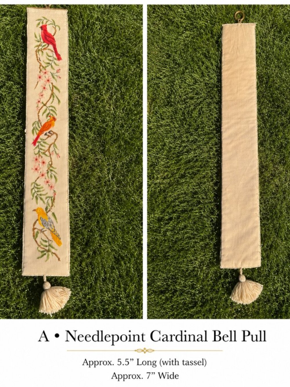 Vintage Needlepoint Cardinal Bell Pull with Brass Hanger & Tassel